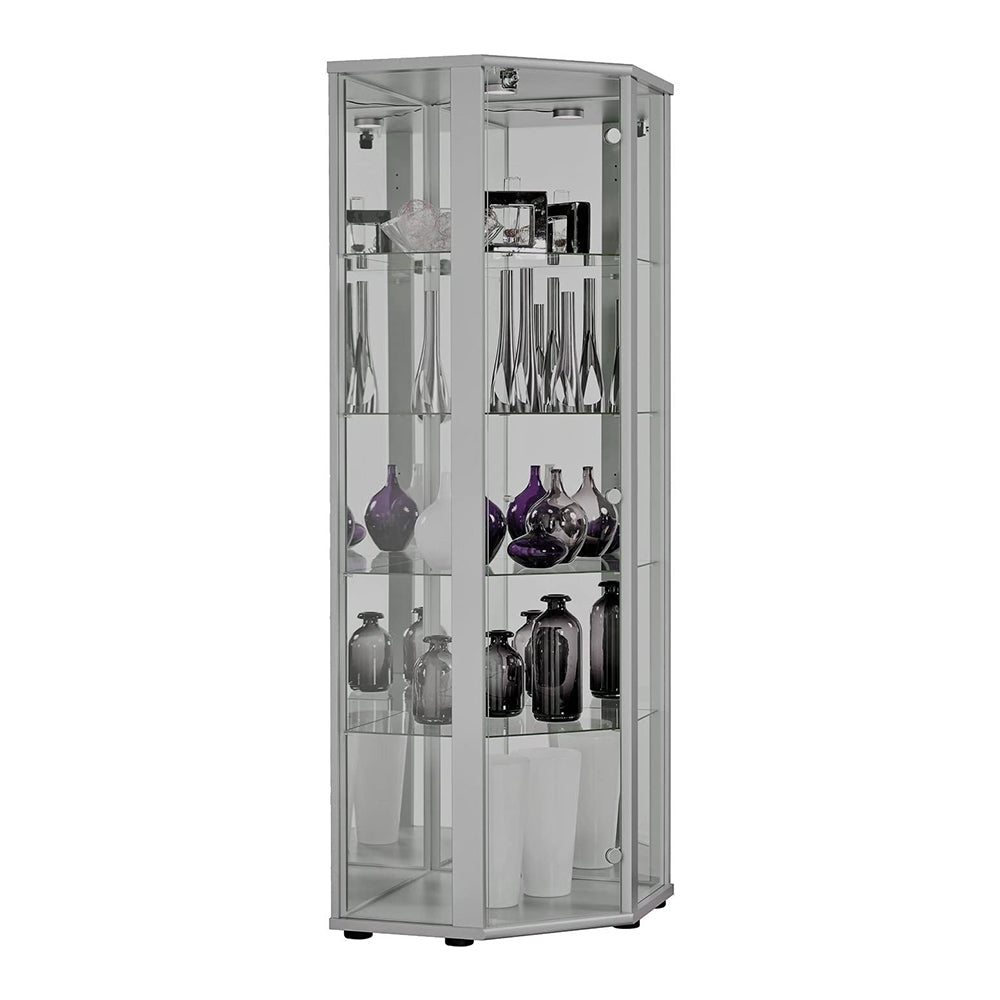 Ein Silbernene Eckvitrine mit einer Tür, LED und Spiegel.